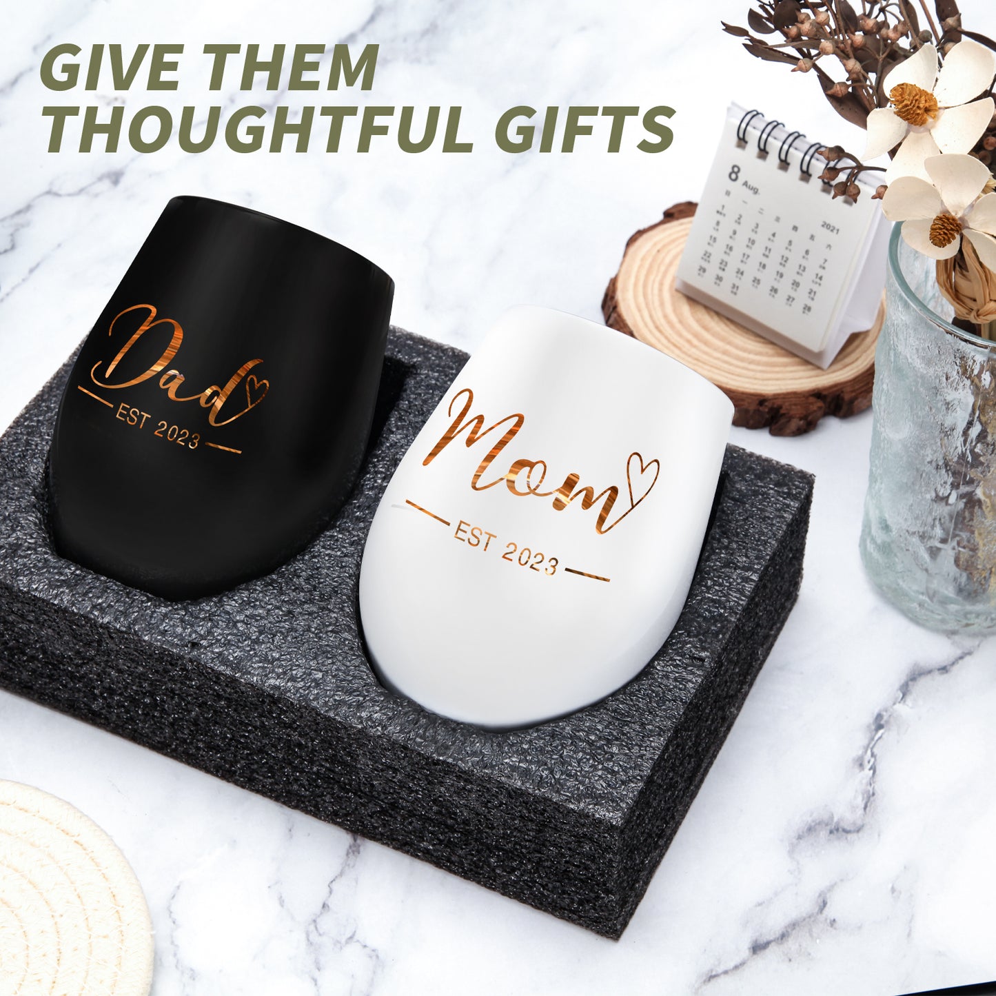 New Parents Gifts For Couples - Pregnancy Gifts For First Time Parents EST 2023 - Gender Reveal Gifts - Mom and Dad Wine Glasses Gifts